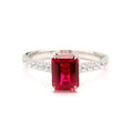 Emerald Shape Ruby & White Diamond 14K White Gold Ring Size 7