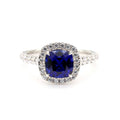 Cushion Shape Sapphire & White Diamond 14K White Gold Halo Ring Size 7