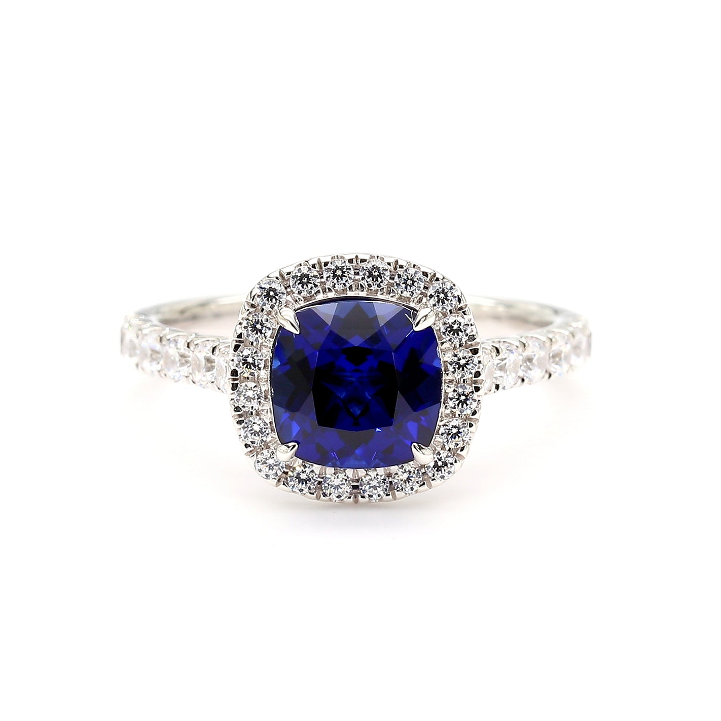Cushion Shape Sapphire & White Diamond 14K White Gold Halo Ring Size 7