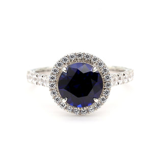 Round Shape Sapphire & White Diamond 14K White Gold Halo Ring Size 7