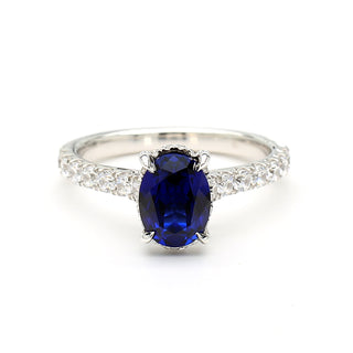 Oval Shape Sapphire & White Diamond 14K White Gold Ring Size 7