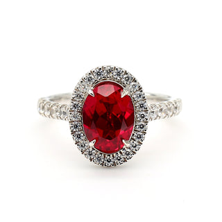 Oval Shape Ruby & White Diamond 14K White Gold Halo Ring Size 7