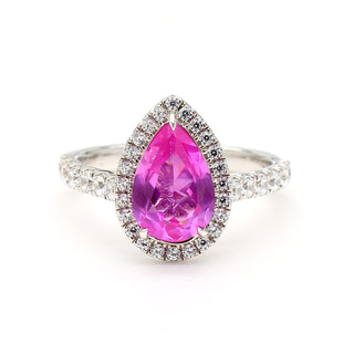 Pear Shape Pink Sapphire & White Diamond 14K White Gold Halo Ring Size 7
