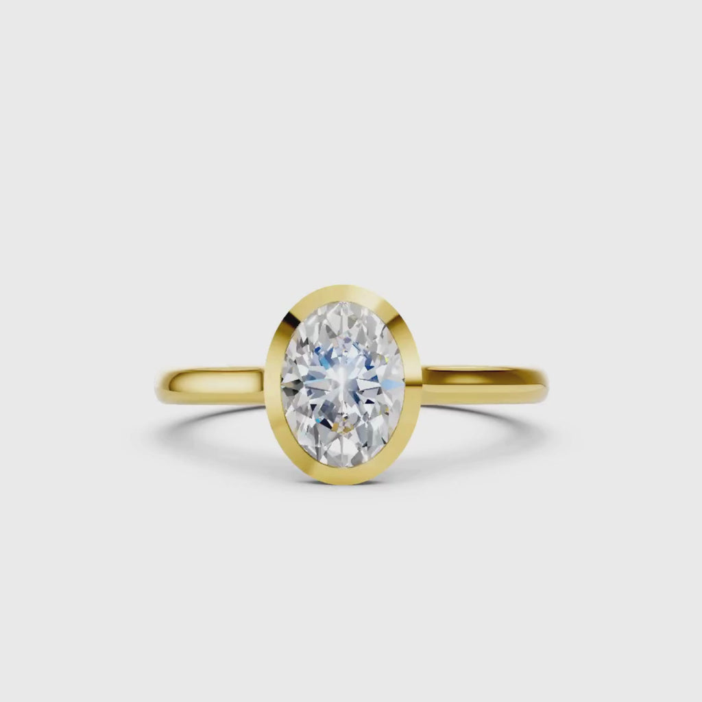 1.00-6.00 Carat T.W. Oval-cut IGI Certified Lab Grown Diamond (F/VS+) 14K Gold Bezel Set Ring