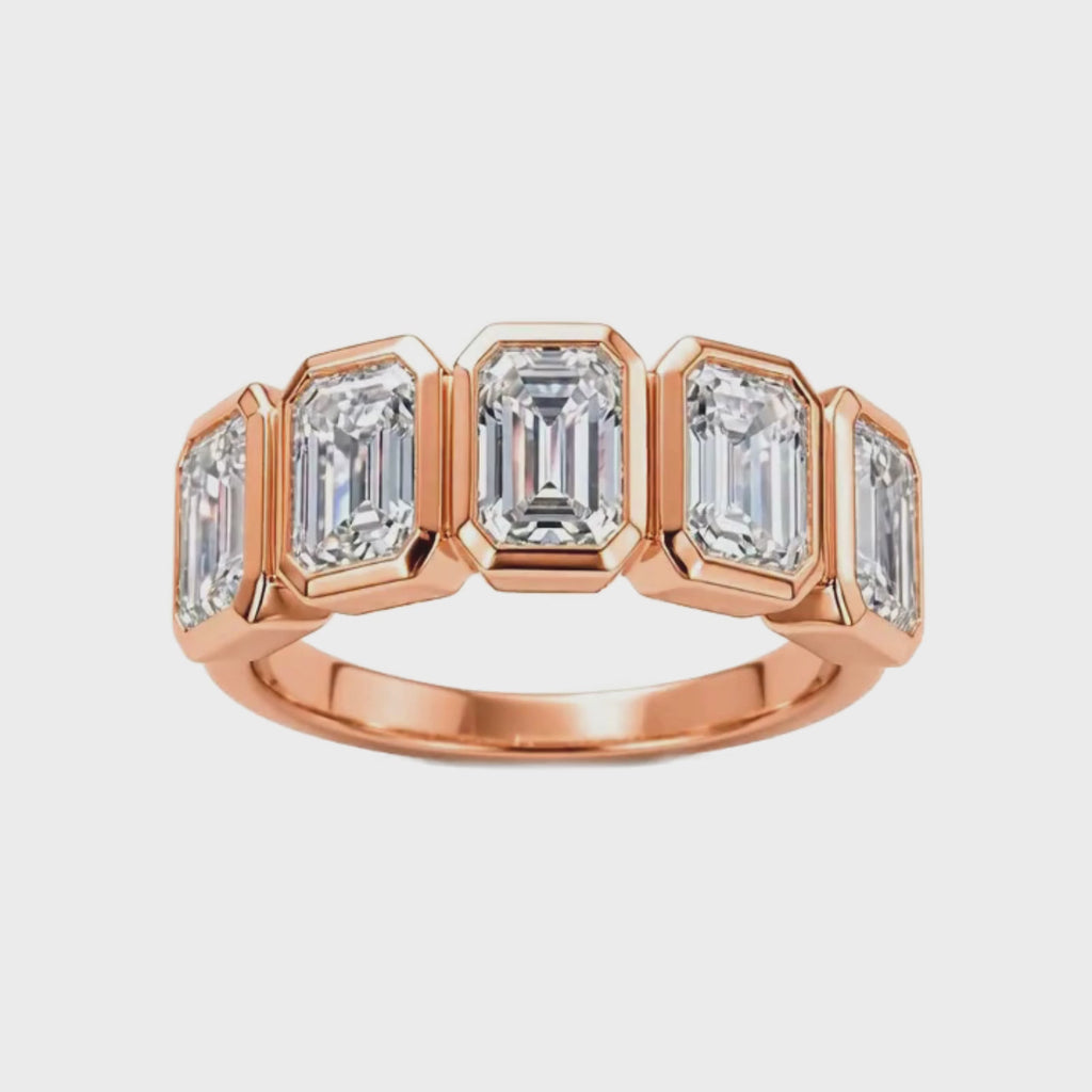 3.00 Carat T.W. Emerald-cut Lab Grown Diamond (F/VS+) 14K Gold Bezel Set 5 Stone Band Ring