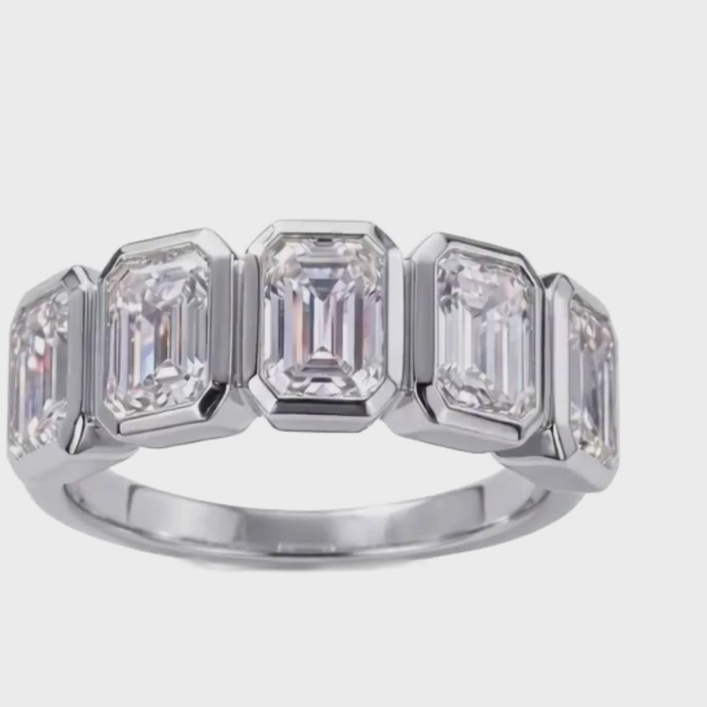 3.00 Carat T.W. Emerald-cut Lab Grown Diamond (F/VS+) 14K Gold Bezel Set 5 Stone Band Ring