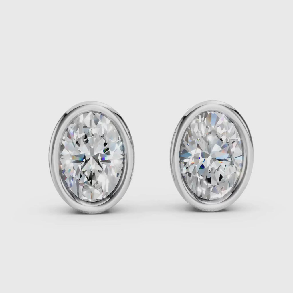 1.00 - 2.00 Carat T.W. Oval-cut Lab Grown Diamond (F/VS+) 14K Gold Bezel set Stud Earrings with Double Notch Post & Pushback