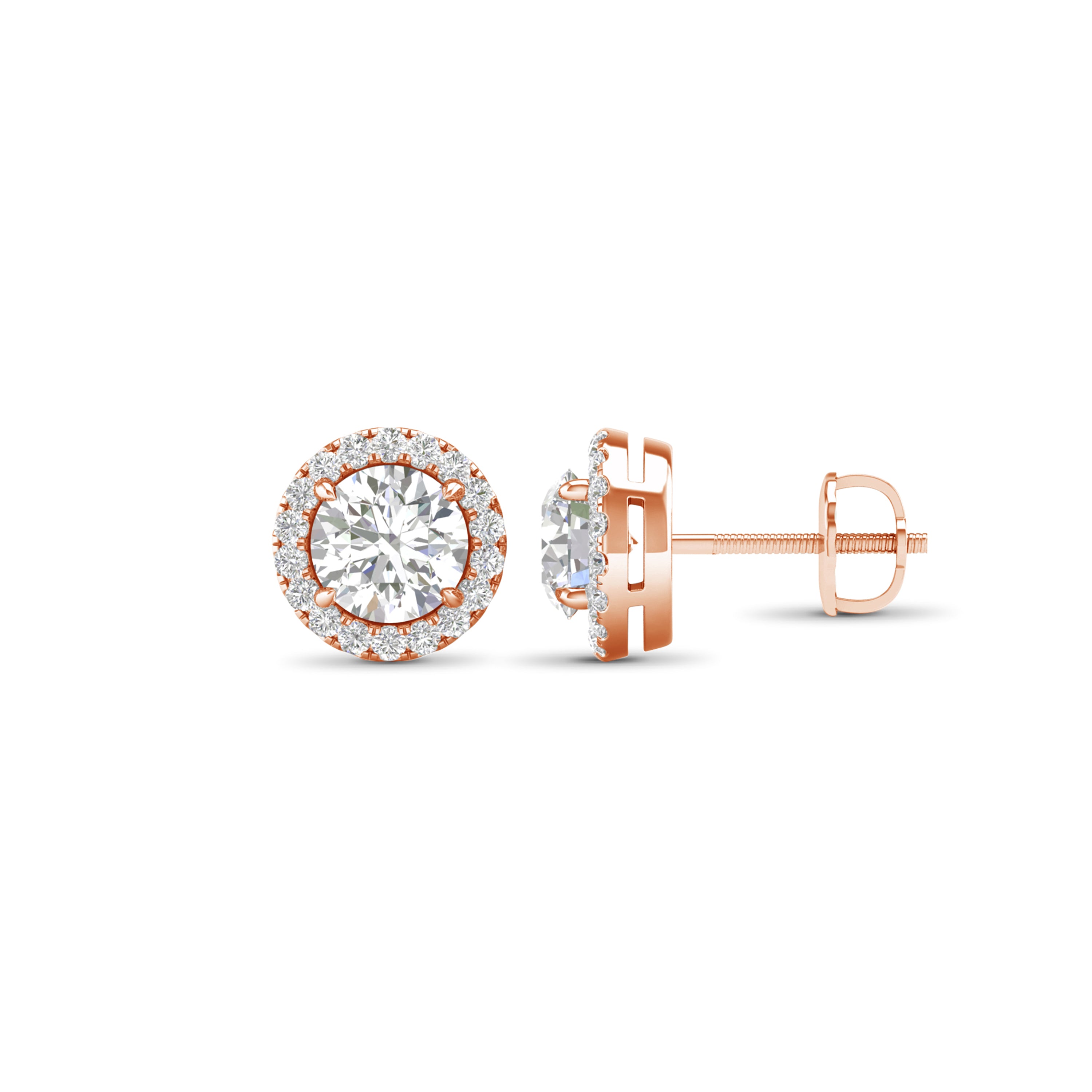 2 1/4 Carat T.W. Round-cut Lab Grown Diamond (F/VS+) 14K Gold Halo Earrings with threaded post & screw back
